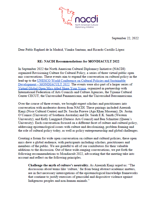 Title page of NACDI Mondiacult Report