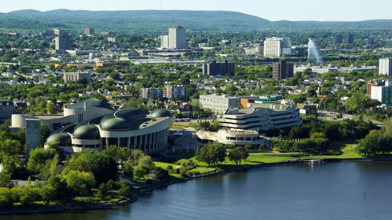 An aerial photograph of the Canadian Museum of History in Ottawa.